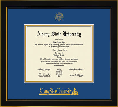 Image of Albany State University Diploma Frame - Honors Black Satin - w/Embossed Albany Seal & Name - Royal Blue on Gold mat