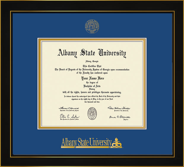 Image of Albany State University Diploma Frame - Honors Black Satin - w/Embossed Albany Seal & Name - Royal Blue on Gold mat