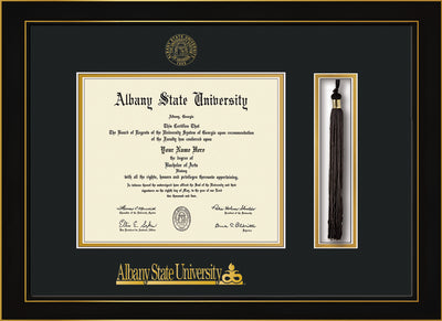Image of Albany State University Diploma Frame - Honors Black Satin - w/Embossed Albany Seal & Name - Tassel Holder - Black on Gold mat