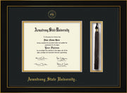 Image of Armstrong State University Diploma Frame - Honors Black Satin - w/Embossed ASU Seal & Name - Tassel Holder - Black on Gold mat