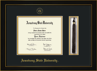 Image of Armstrong State University Diploma Frame - Honors Black Satin - w/Embossed ASU Seal & Name - Tassel Holder - Black on Gold mat