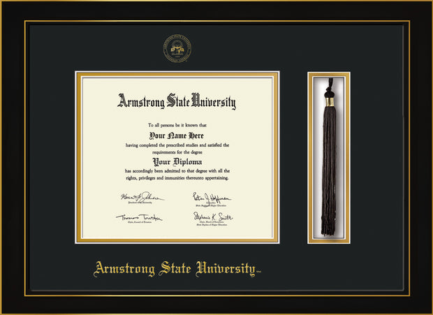 Image of Armstrong State University Diploma Frame - Honors Black Satin - w/Embossed ASU Seal & Name - Tassel Holder - Black on Gold mat