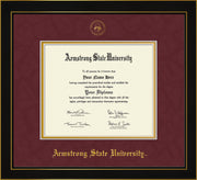 Image of Armstrong State University Diploma Frame - Black Lacquer - w/Embossed ASU Seal & Name - Maroon Suede on Gold mat