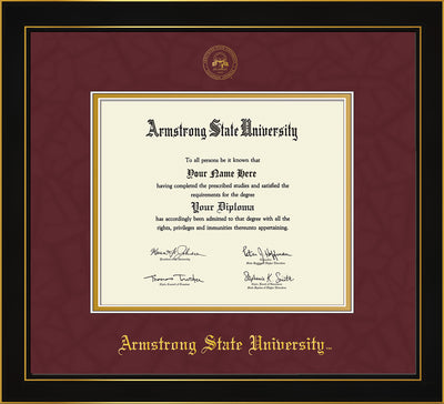 Image of Armstrong State University Diploma Frame - Black Lacquer - w/Embossed ASU Seal & Name - Maroon Suede on Gold mat