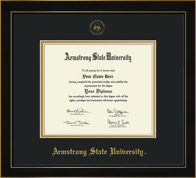 Image of Armstrong State University Diploma Frame - Honors Black Lacquer - w/Embossed ASU Seal & Name - Black on Gold mat