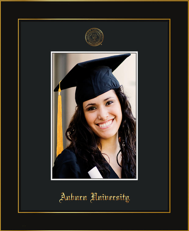 Image of Auburn University 5 x 7 Photo Frame - Honors Black Satin - w/Official Embossing of AU Seal & Name - Single Black mat