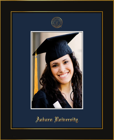 Image of Auburn University 5 x 7 Photo Frame - Honors Black Satin - w/Official Embossing of AU Seal & Name - Single Navy mat