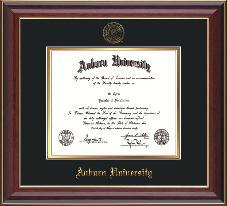 Image of Auburn University Diploma Frame - Cherry Lacquer - w/Embossed Seal & Name - Black on Gold mat