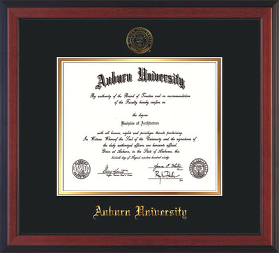 Image of Auburn University Diploma Frame - Cherry Reverse - w/Embossed Seal & Name - Black on Gold mat