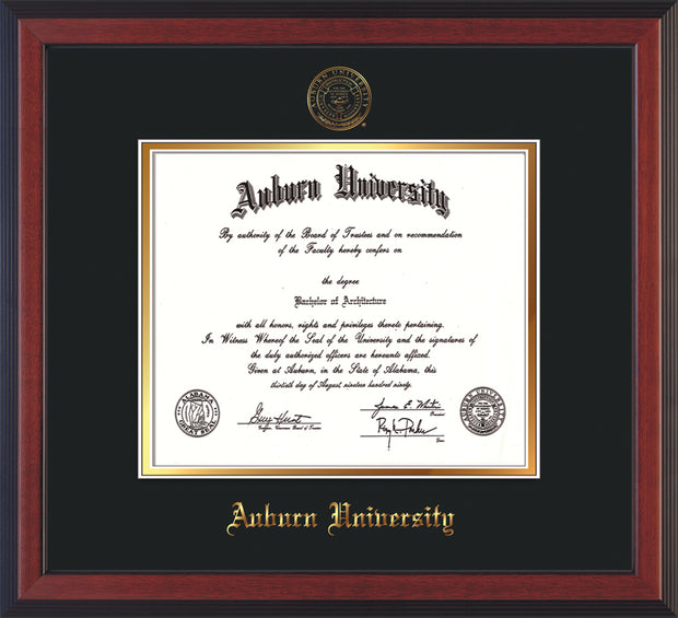 Image of Auburn University Diploma Frame - Cherry Reverse - w/Embossed Seal & Name - Black on Gold mat