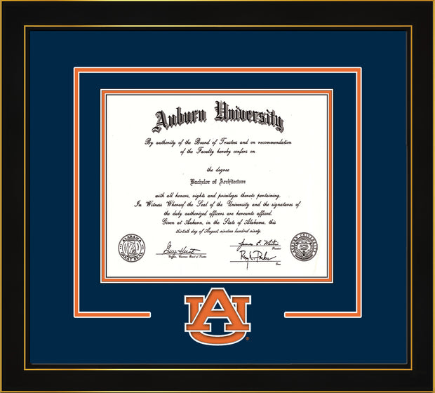 Image of Auburn University Diploma Frame - Honors Black Satin - w/Laser AU Logo Cutout - Navy on Orange mat
