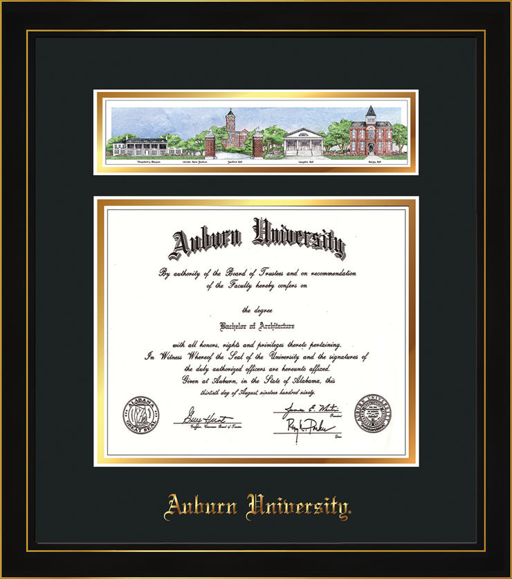 Image of Auburn University Diploma Frame - Honors Black Satin - w/Embossed School Name Only - Campus Collage - Black on Gold mat