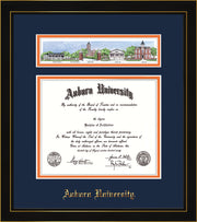 Image of Auburn University Diploma Frame - Honors Black Satin - w/Embossed School Name Only - Campus Collage - Navy on Orange mat