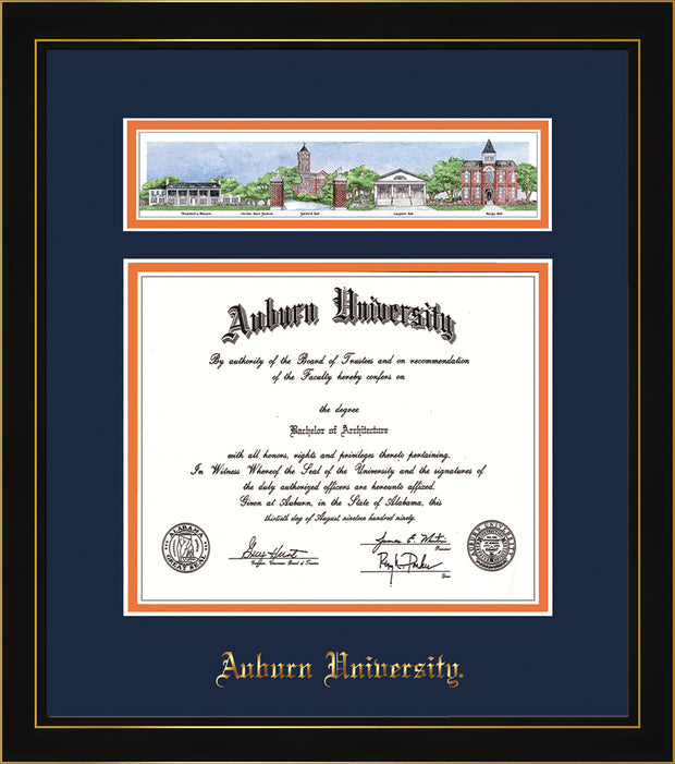 Image of Auburn University Diploma Frame - Honors Black Satin - w/Embossed School Name Only - Campus Collage - Navy on Orange mat