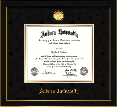 Image of Auburn University Diploma Frame - Honors Black Satin - w/24k Gold-plated Medallion - Black Suede on Gold mat