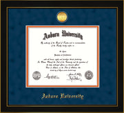 Image of Auburn University Diploma Frame - Honors Black Satin - w/24k Gold-plated Medallion - Navy Suede on Orange mat