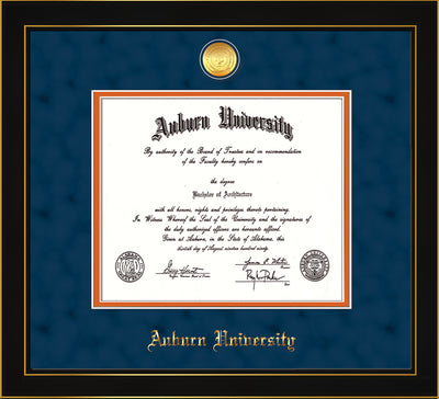 Image of Auburn University Diploma Frame - Honors Black Satin - w/24k Gold-plated Medallion - Navy Suede on Orange mat