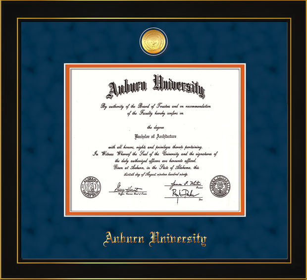 Image of Auburn University Diploma Frame - Honors Black Satin - w/24k Gold-plated Medallion - Navy Suede on Orange mat