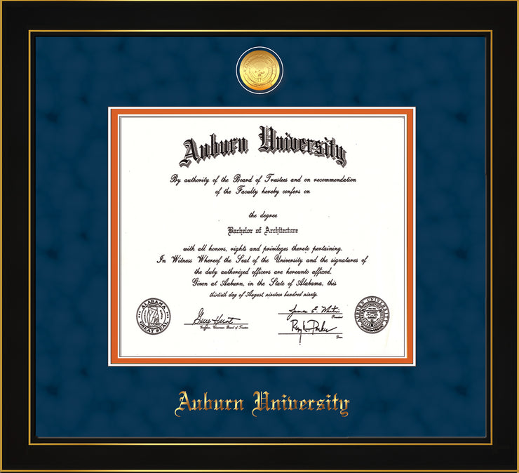 Image of Auburn University Diploma Frame - Honors Black Satin - w/24k Gold-plated Medallion - Navy Suede on Orange mat