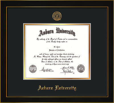 Image of Auburn University Diploma Frame - Honors Black Satin - w/Embossed Seal & Name - Black on Gold mat