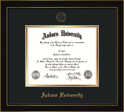 Image of Auburn University Diploma Frame - Honors Black Satin - w/Embossed Seal & Name - Black on Gold mat