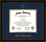 Image of Auburn University Diploma Frame - Honors Black Satin - w/Embossed Seal & Name - Navy on Gold mat