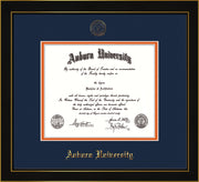 Image of Auburn University Diploma Frame - Honors Black Satin - w/Embossed Seal & Name - Navy on Orange mat