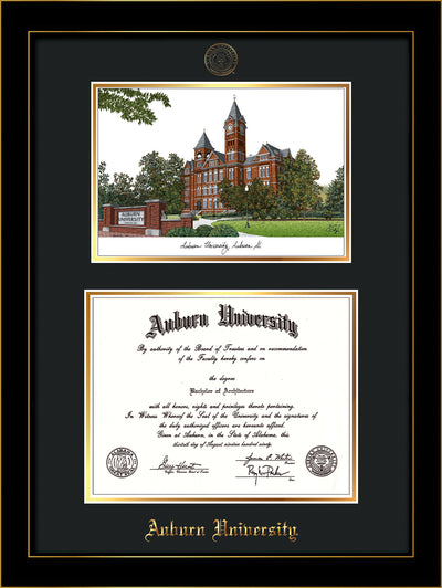 Image of Auburn University Diploma Frame - Honors Black Satin - w/Embossed Seal & Name - Campus Watercolor - Black on Gold mat