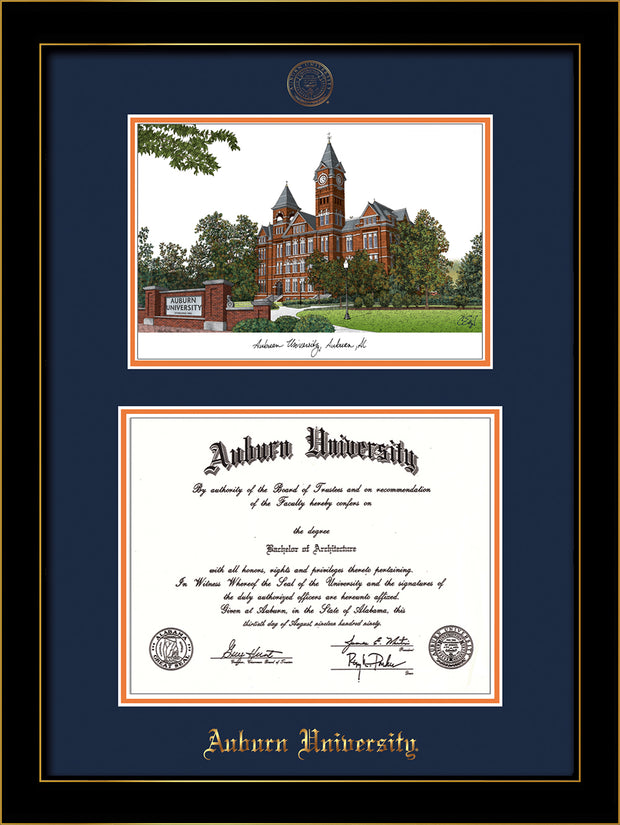 Image of Auburn University Diploma Frame - Honors Black Satin - w/Embossed Seal & Name - Campus Watercolor - Navy on Orange mat