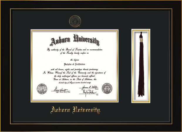 Image of Auburn University Diploma Frame - Honors Black Satin - w/Embossed Seal & Name - Tassel Holder - Black on Gold mat