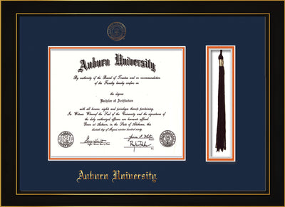 Image of Auburn University Diploma Frame - Honors Black Satin - w/Embossed Seal & Name - Tassel Holder - Navy on Orange mat
