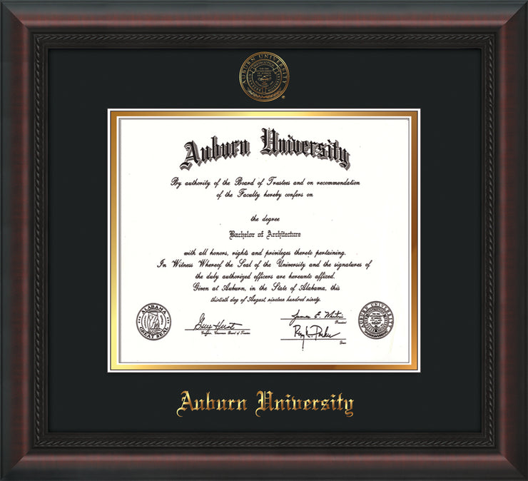 Image of Auburn University Diploma Frame - Mahogany Braid - w/Embossed Seal & Name - Black on Gold mat
