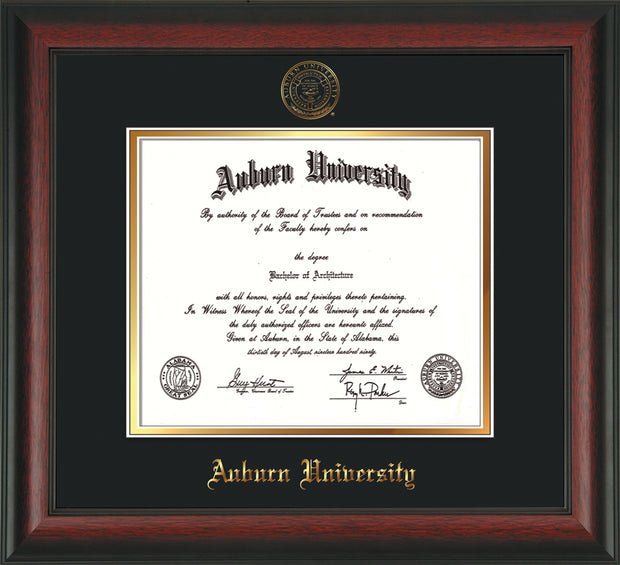 Image of Auburn University Diploma Frame - Rosewood - w/Embossed Seal & Name - Black on Gold mat