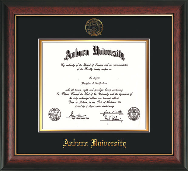 Image of Auburn University Diploma Frame - Rosewood w/Gold Lip - w/Embossed Seal & Name - Black on Gold mat