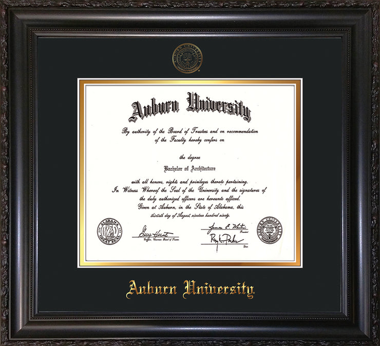 Image of Auburn University Diploma Frame - Vintage Black Scoop - w/Embossed Seal & Name - Black on Gold mat