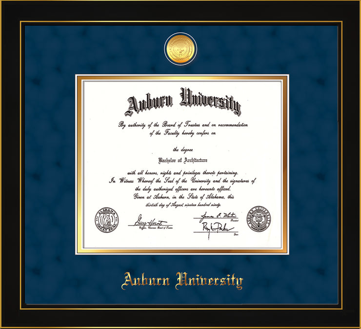 Image of Auburn University Diploma Frame - Honors Black Satin - w/24k Gold-plated Medallion - Navy Suede on Gold mat