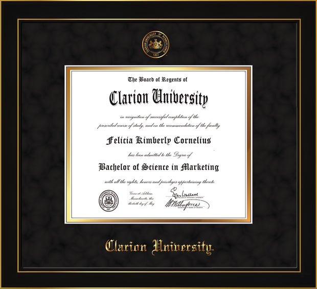 Image of Clarion University of Pennsylvania Diploma Frame - Honors Black Satin - w/Embossed Seal & Name - Black Suede on Gold mat