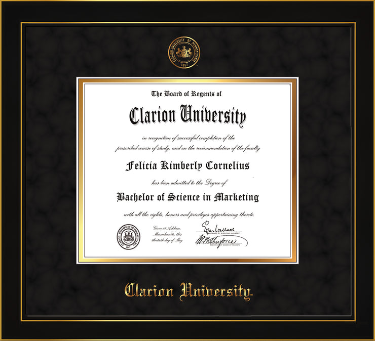 Image of Clarion University of Pennsylvania Diploma Frame - Honors Black Satin - w/Embossed Seal & Name - Black Suede on Gold mat