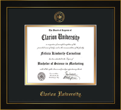 Image of Clarion University of Pennsylvania Diploma Frame - Honors Black Satin - w/Embossed Seal & Name - Black on Gold mat