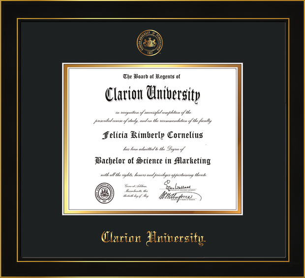 Image of Clarion University of Pennsylvania Diploma Frame - Honors Black Satin - w/Embossed Seal & Name - Black on Gold mat