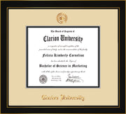 Image of Clarion University of Pennsylvania Diploma Frame - Honors Black Satin - w/Embossed Seal & Name - Cream on Black mat