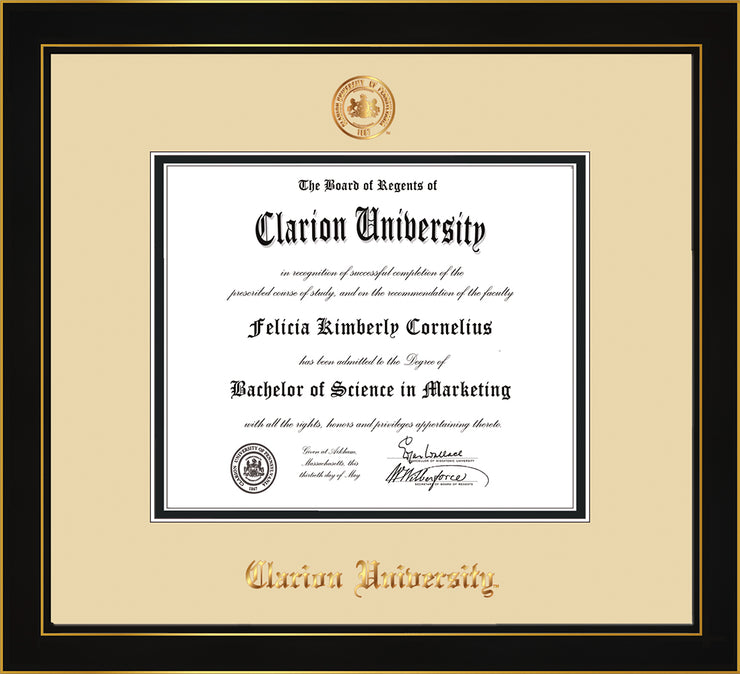 Image of Clarion University of Pennsylvania Diploma Frame - Honors Black Satin - w/Embossed Seal & Name - Cream on Black mat