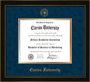 Image of Clarion University of Pennsylvania Diploma Frame - Honors Black Satin - w/Embossed Seal & Name - Navy Suede on Gold mat