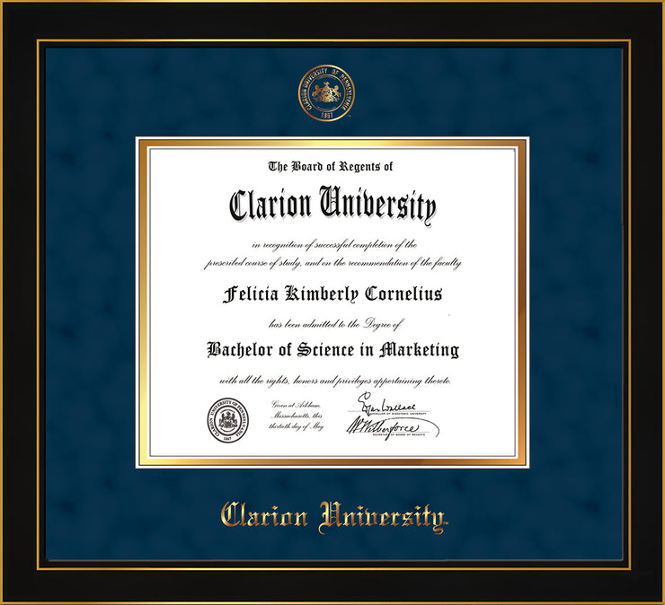 Image of Clarion University of Pennsylvania Diploma Frame - Honors Black Satin - w/Embossed Seal & Name - Navy Suede on Gold mat