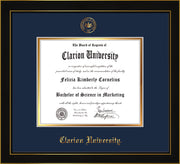 Image of Clarion University of Pennsylvania Diploma Frame - Honors Black Satin - w/Embossed Seal & Name - Navy on Gold mat