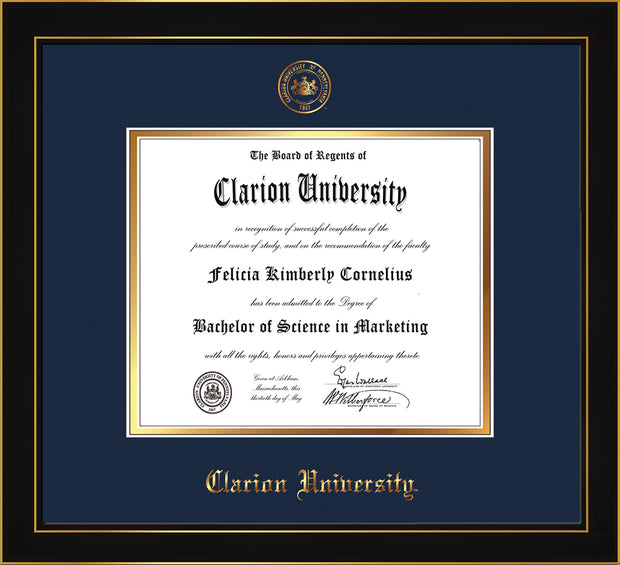 Image of Clarion University of Pennsylvania Diploma Frame - Honors Black Satin - w/Embossed Seal & Name - Navy on Gold mat
