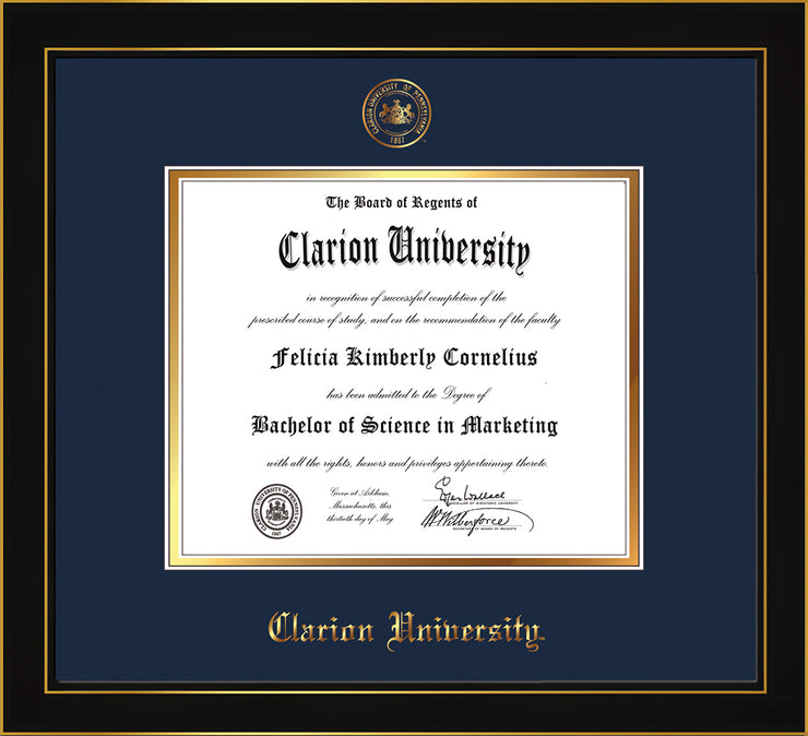 Image of Clarion University of Pennsylvania Diploma Frame - Honors Black Satin - w/Embossed Seal & Name - Navy on Gold mat