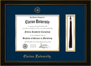 Image of Clarion University of Pennsylvania Diploma Frame - Honors Black Satin - w/Embossed Seal & Name - Tassel Holder - Black on Gold mat
