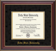 Image of Delta State University Diploma Frame - Cherry Lacquer - w/School Name Only - Black Suede on Gold mats