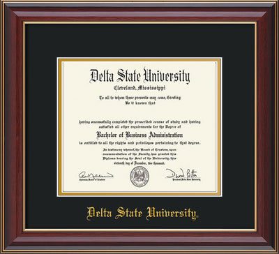 Image of Delta State University Diploma Frame - Cherry Lacquer - w/School Name Only - Black on Gold mats
